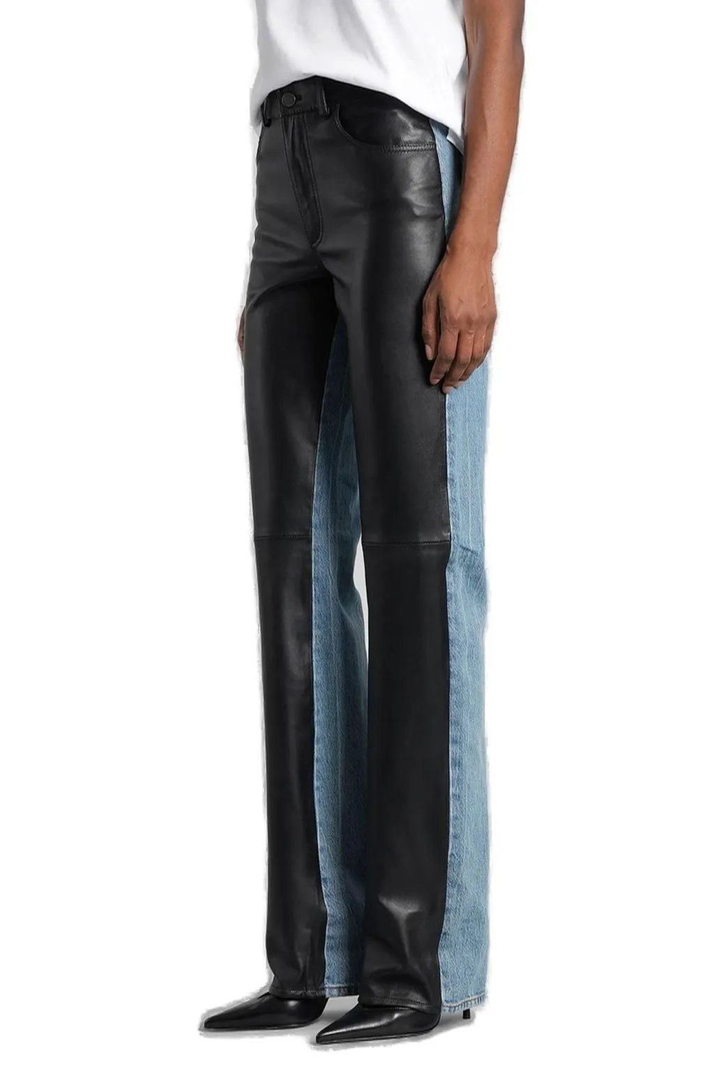 Paneled Leather And Denim Jeans