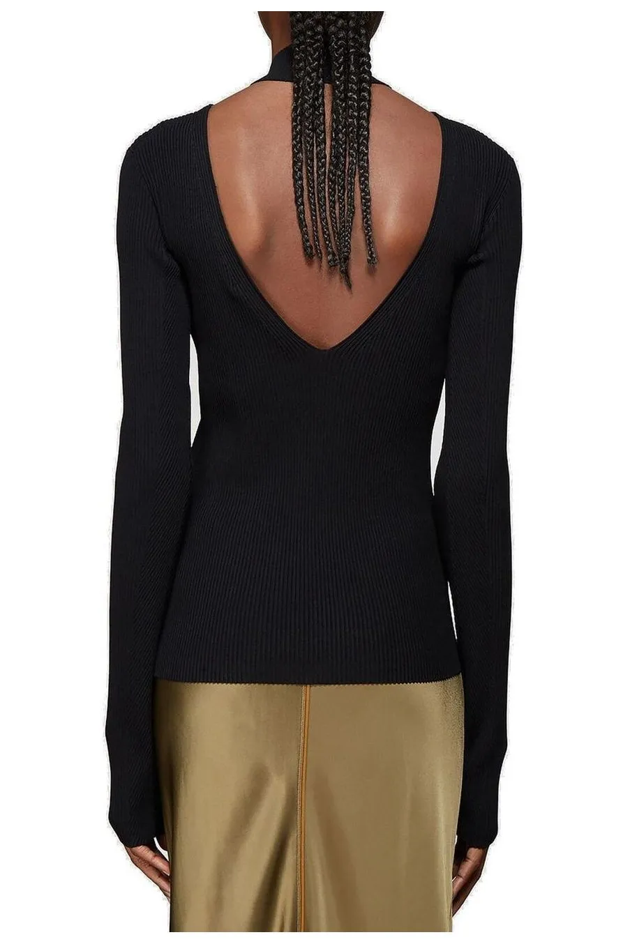 Ribbed Turtleneck Sweater With Cut-Out Shoulders