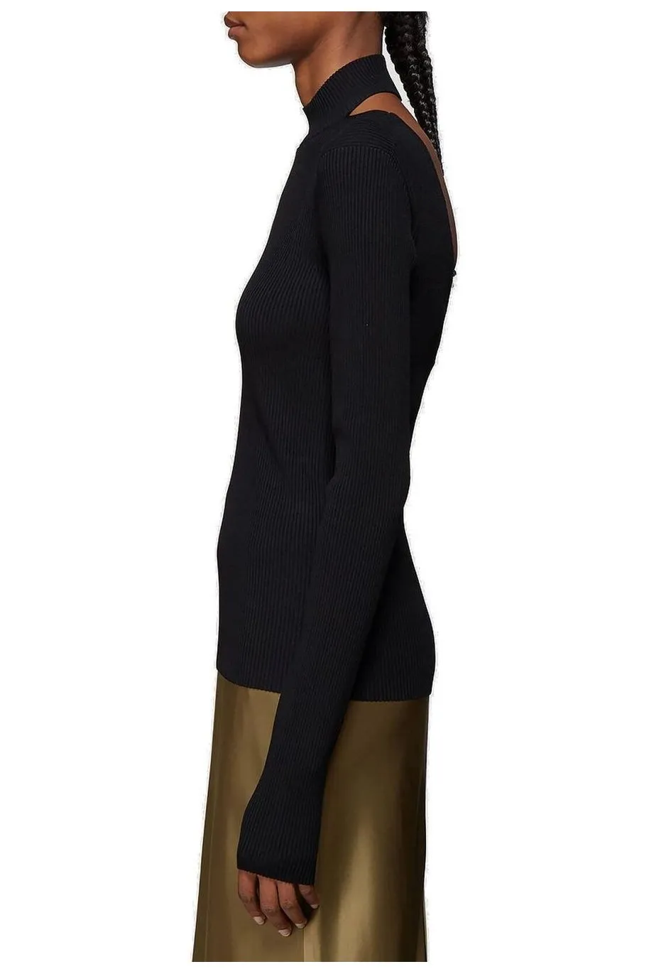Ribbed Turtleneck Sweater With Cut-Out Shoulders