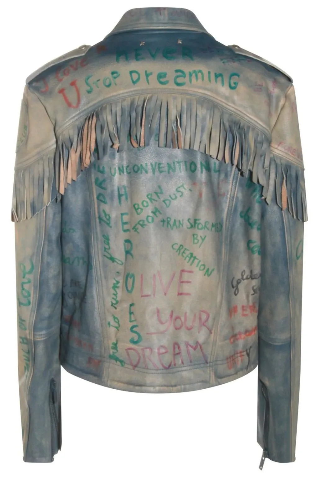 Leather Biker Jacket With Fringes And Graffiti Print