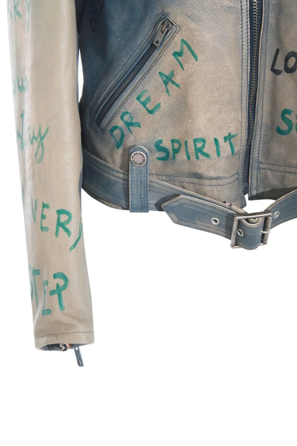Leather Biker Jacket With Fringes And Graffiti Print