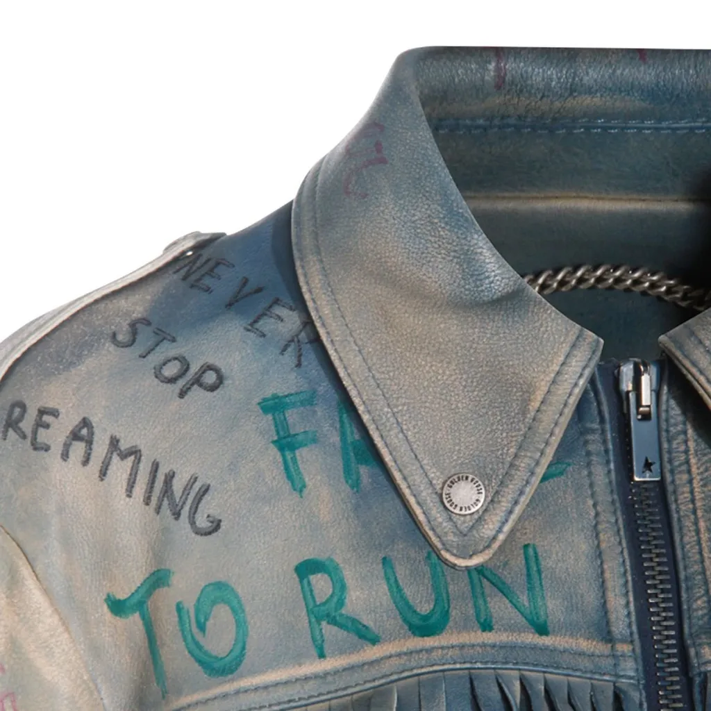 Leather Biker Jacket With Fringes And Graffiti Print