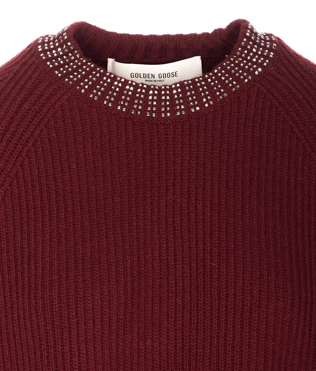 Ribbed Knit Sweater With Embellished Trim