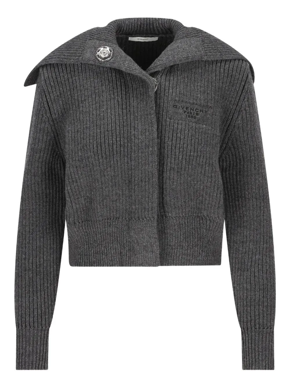 Ribbed Knit Cardigan With Oversized Collar