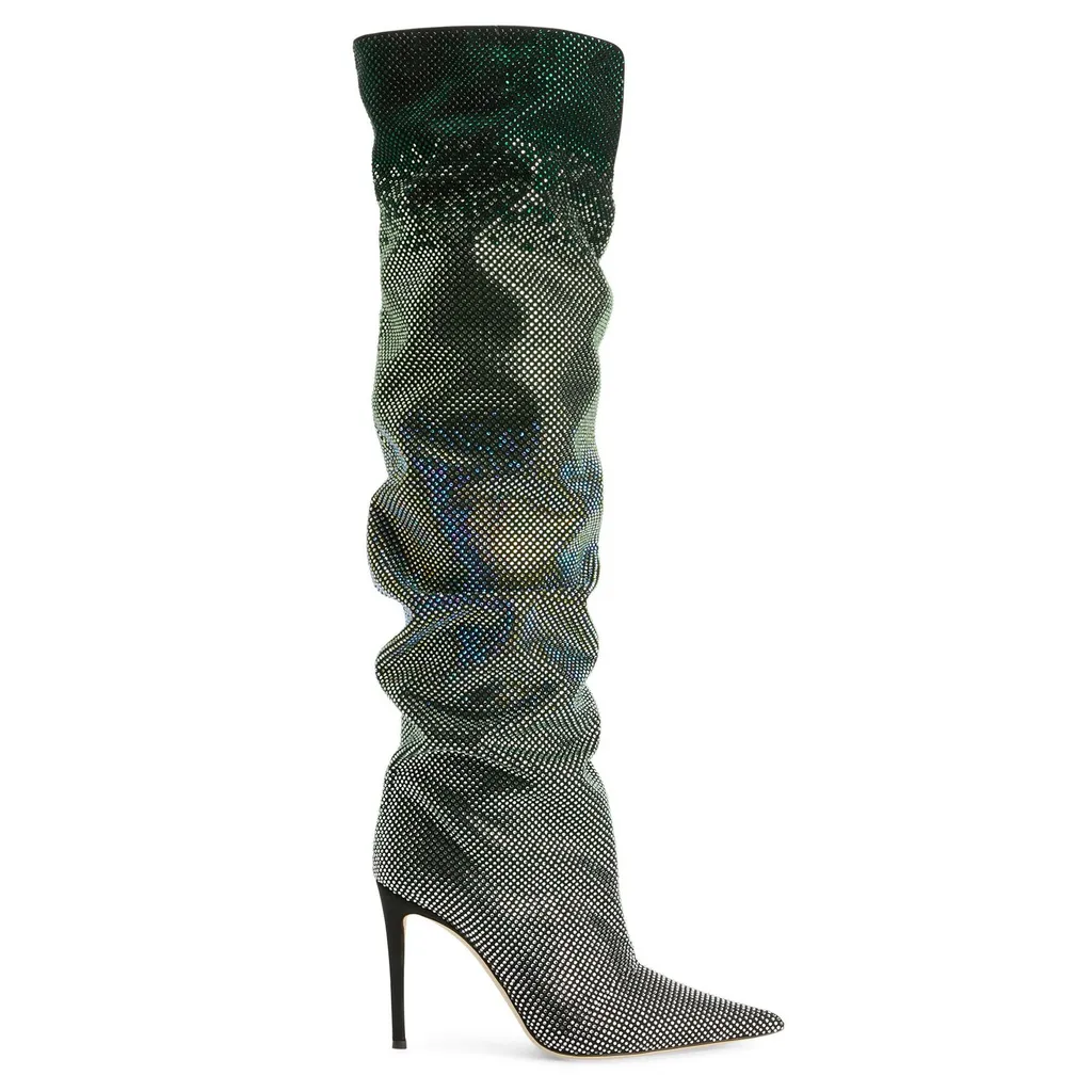 Ruched Crystal Knee-High Boots