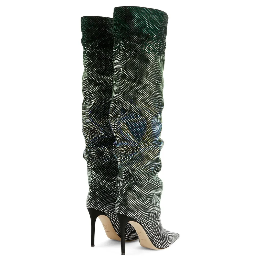 Ruched Crystal Knee-High Boots