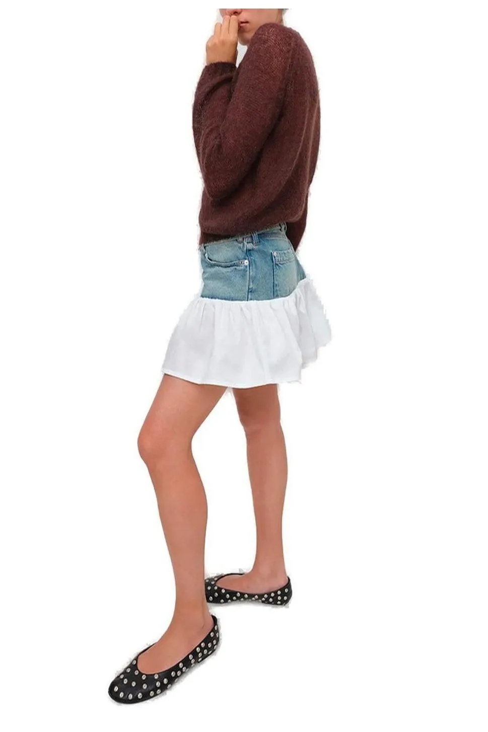 Denim Skirt With Ruffled Poplin Trim
