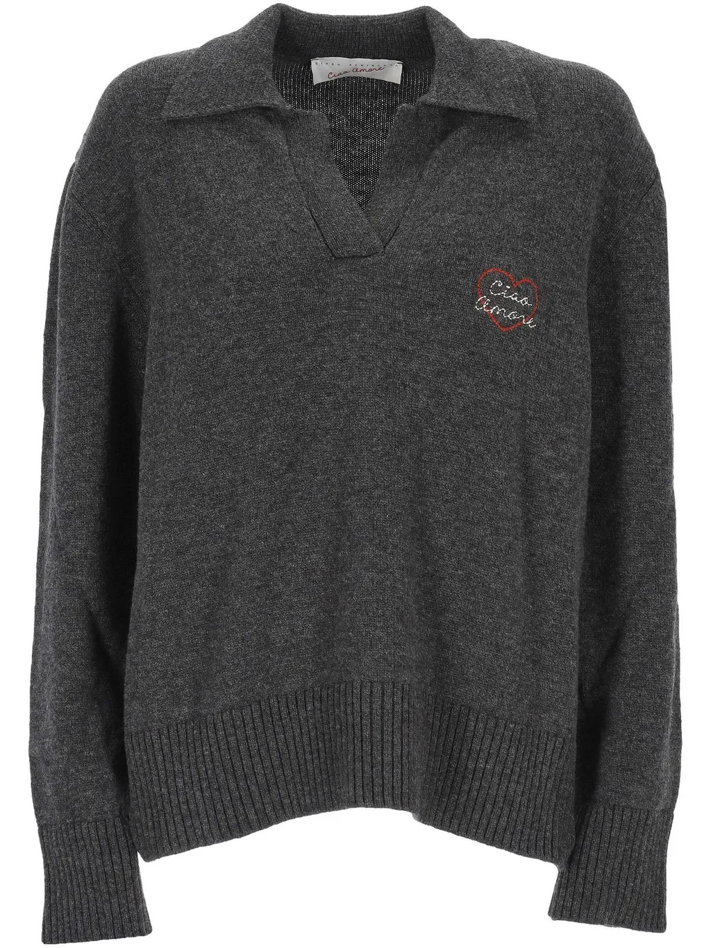 Collared Sweater With Heart Embroidery