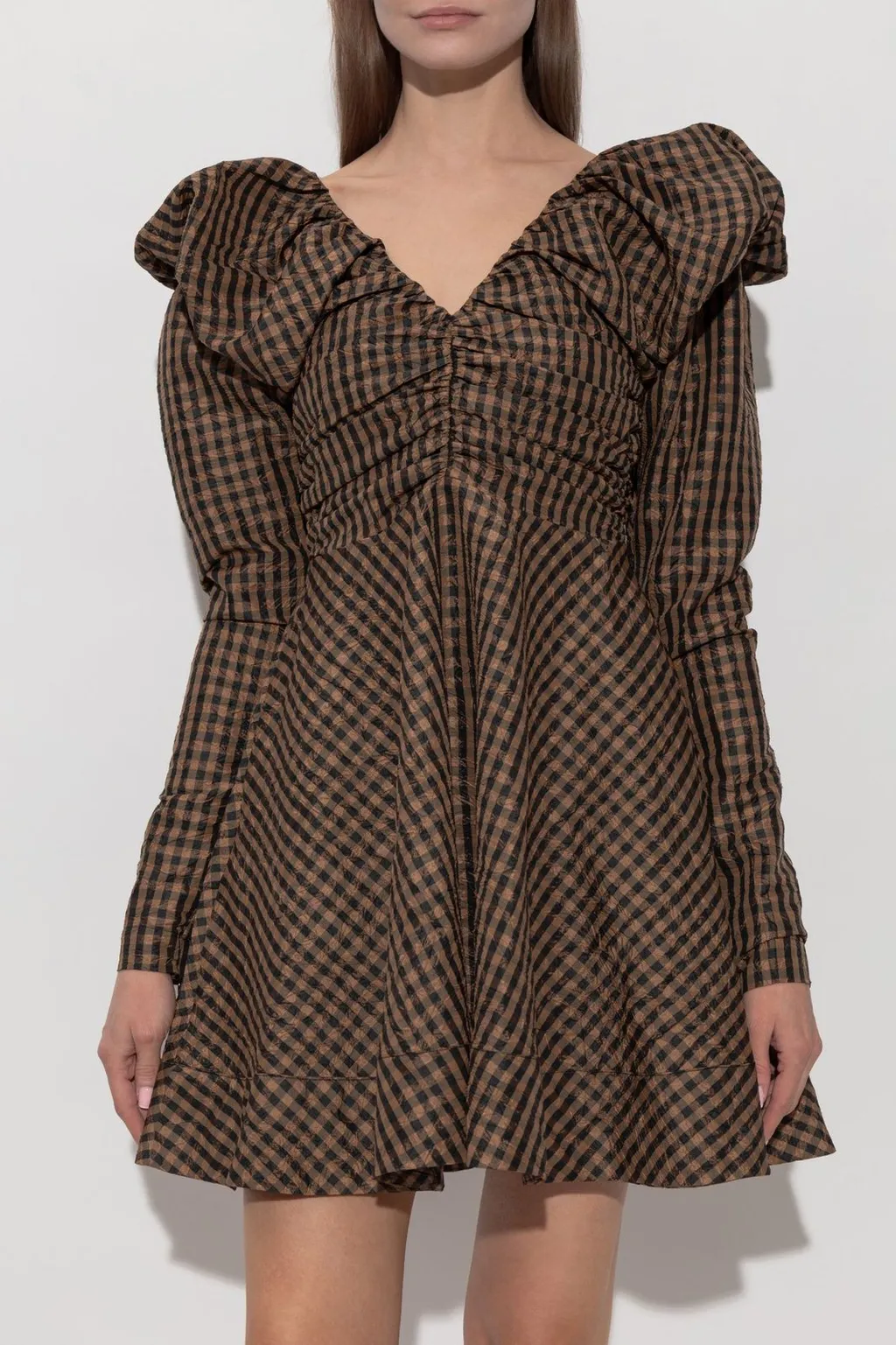 Gingham Puff-Sleeve Mini Dress