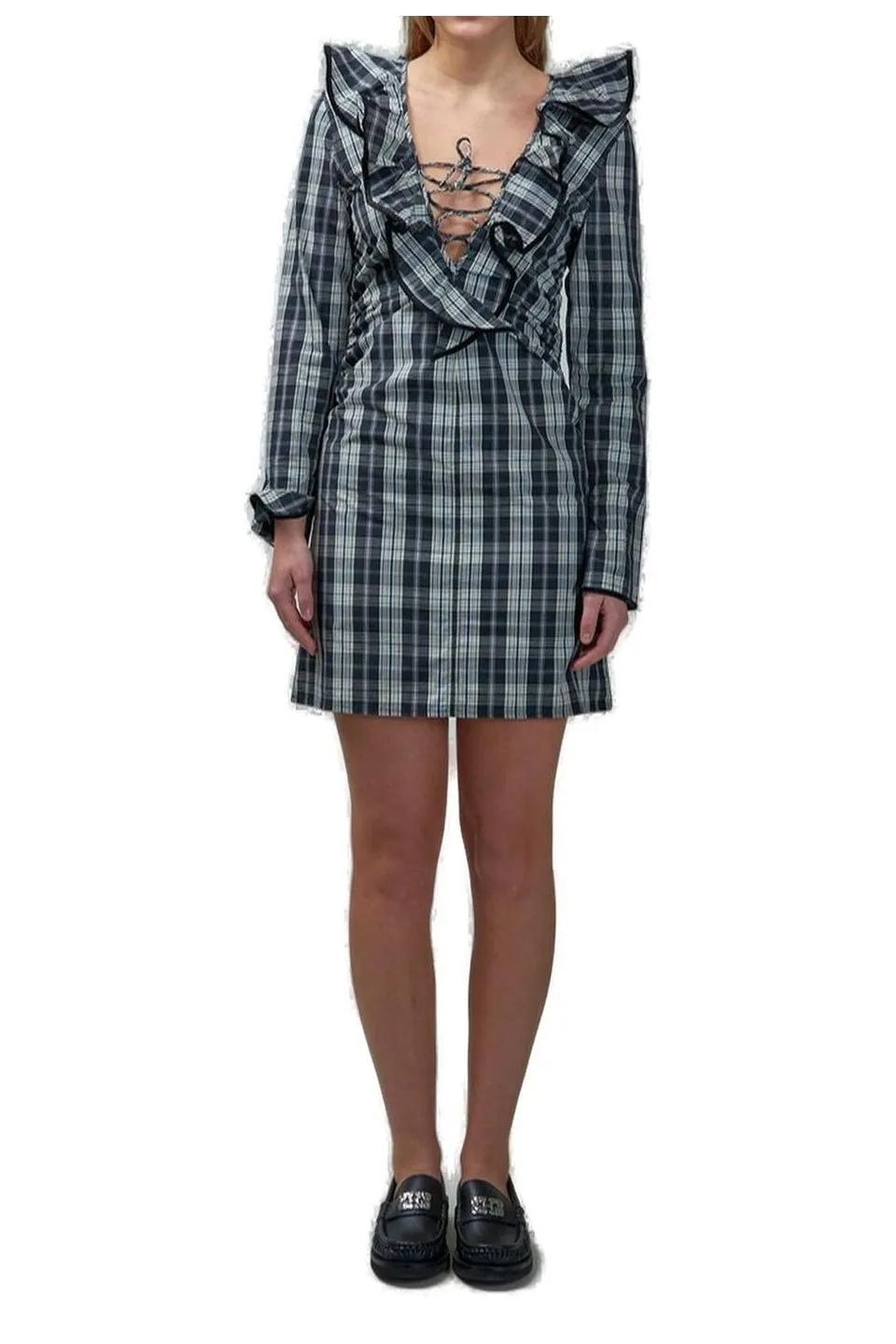 Plaid Ruffle Lace-Up Mini Dress