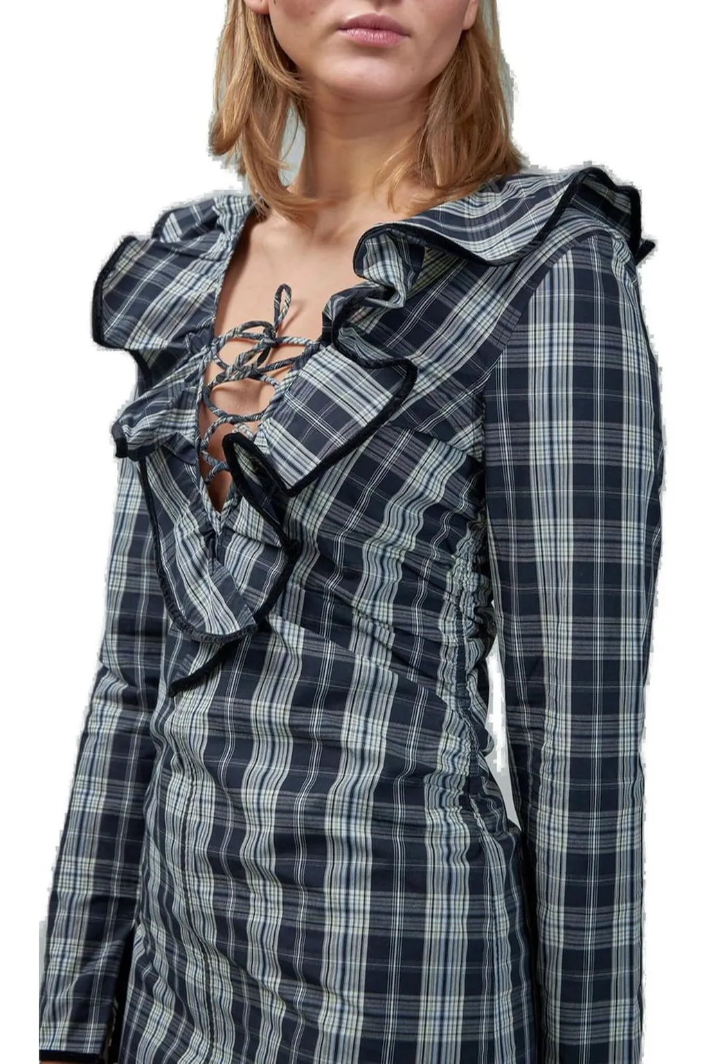 Plaid Ruffle Lace-Up Mini Dress