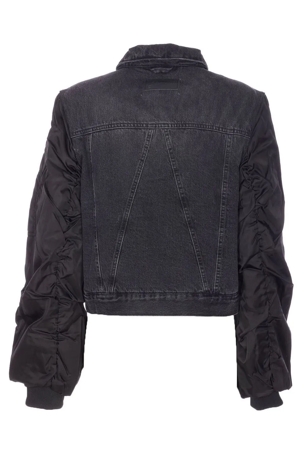 Denim Bomber Jacket With Ruched Sleeves