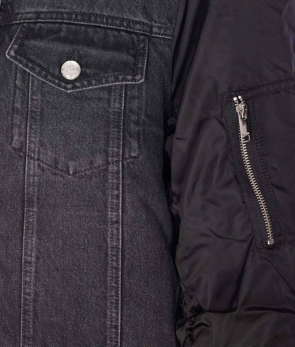 Denim Bomber Jacket With Ruched Sleeves