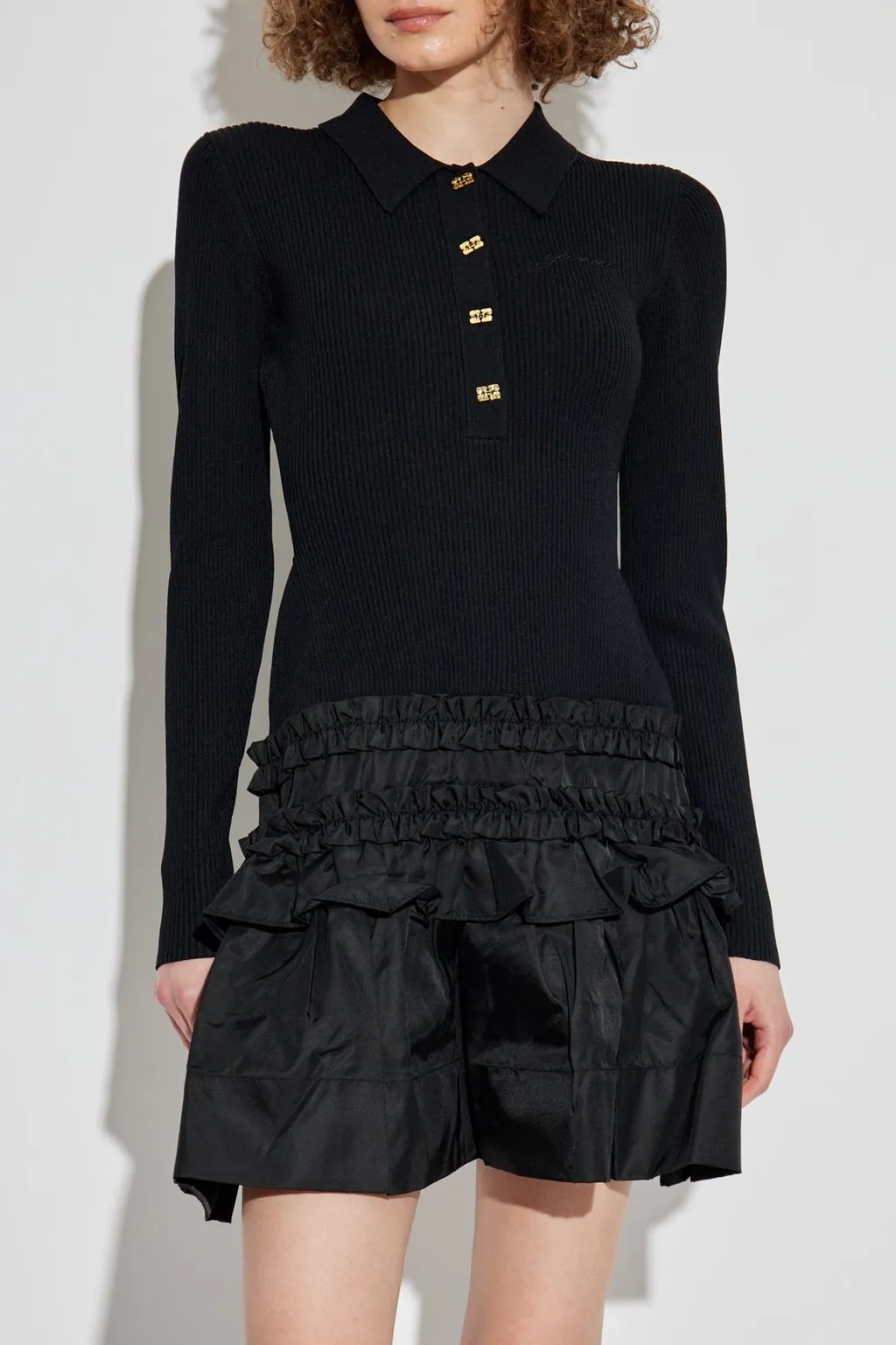 Ribbed Polo Dress With Ruffles
