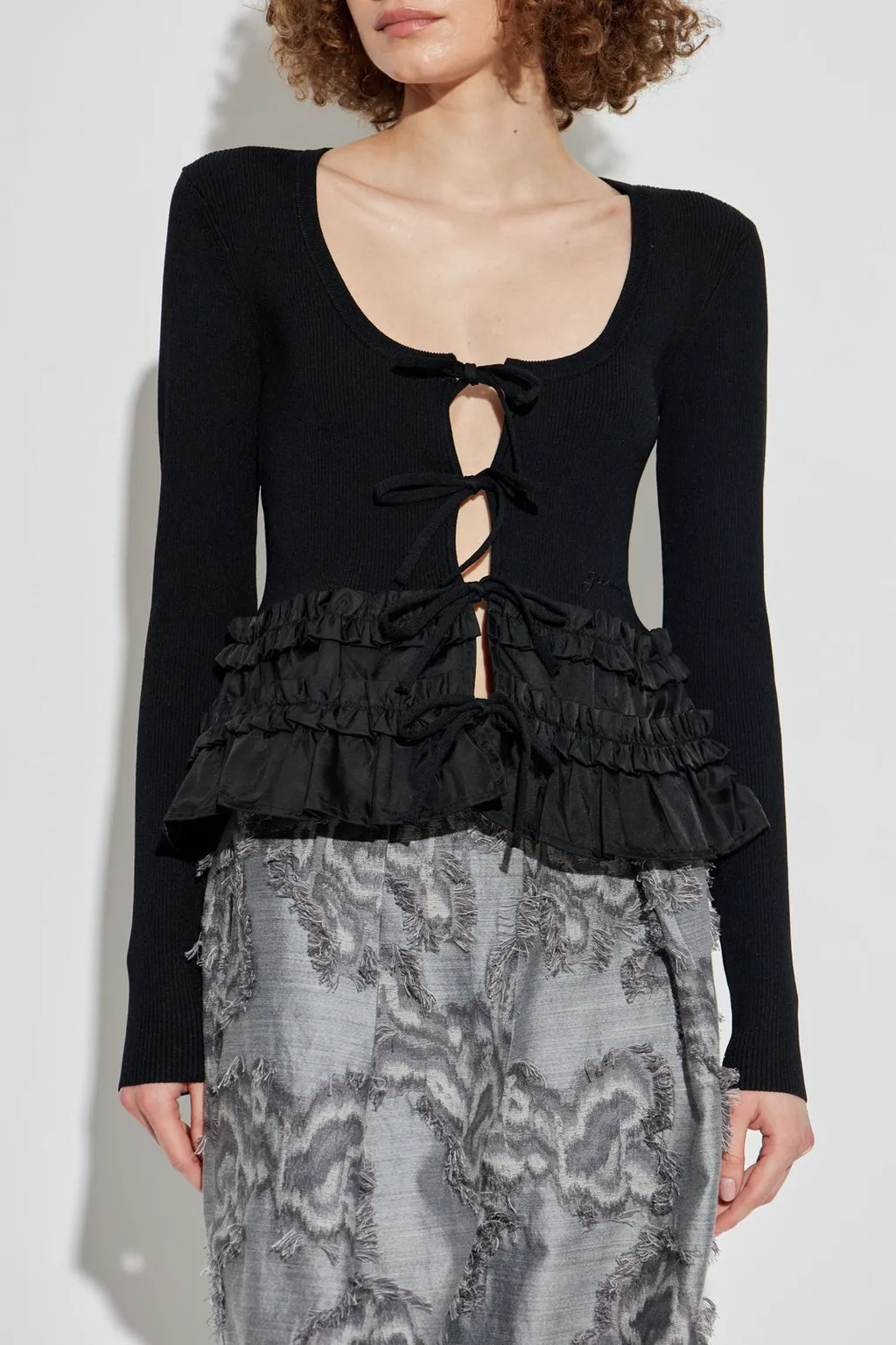 Ribbed Knit Top With Ruffled Trim