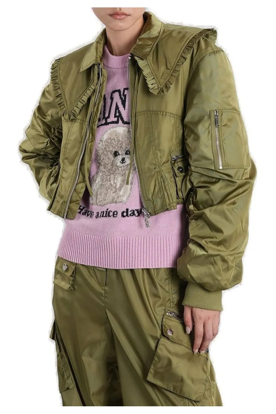 Cropped Bomber Jacket With Ruffled Collar