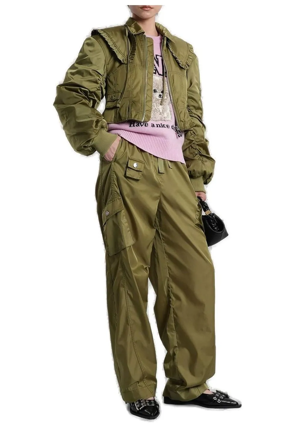 Cropped Bomber Jacket With Ruffled Collar