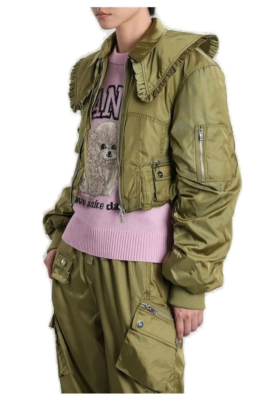 Cropped Bomber Jacket With Ruffled Collar
