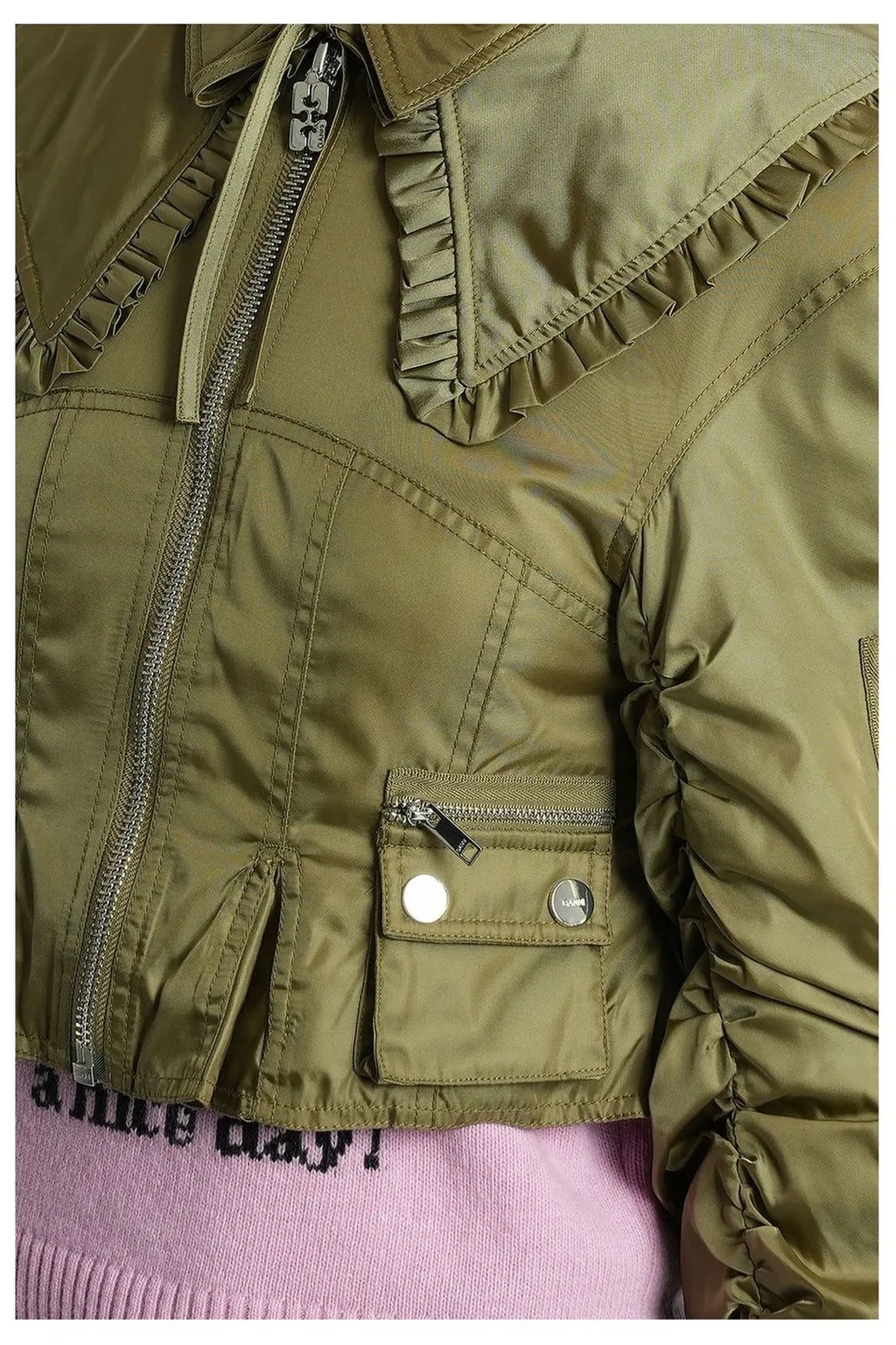 Cropped Bomber Jacket With Ruffled Collar