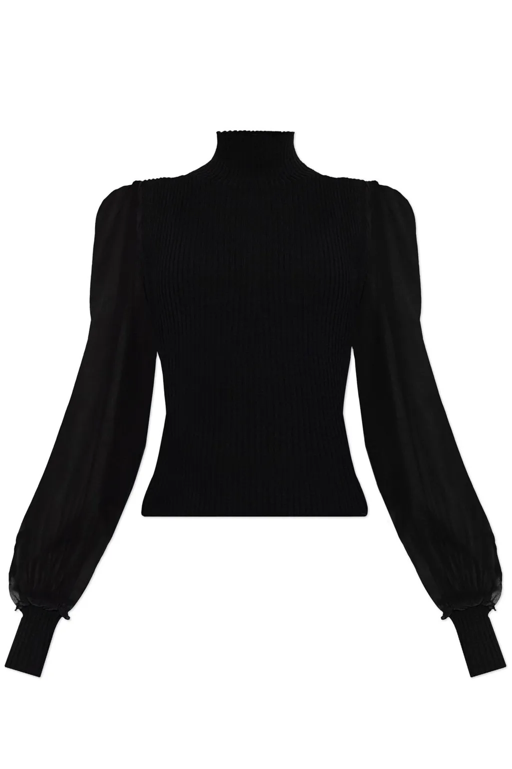 Ribbed Turtleneck Top With Sheer Sleeves