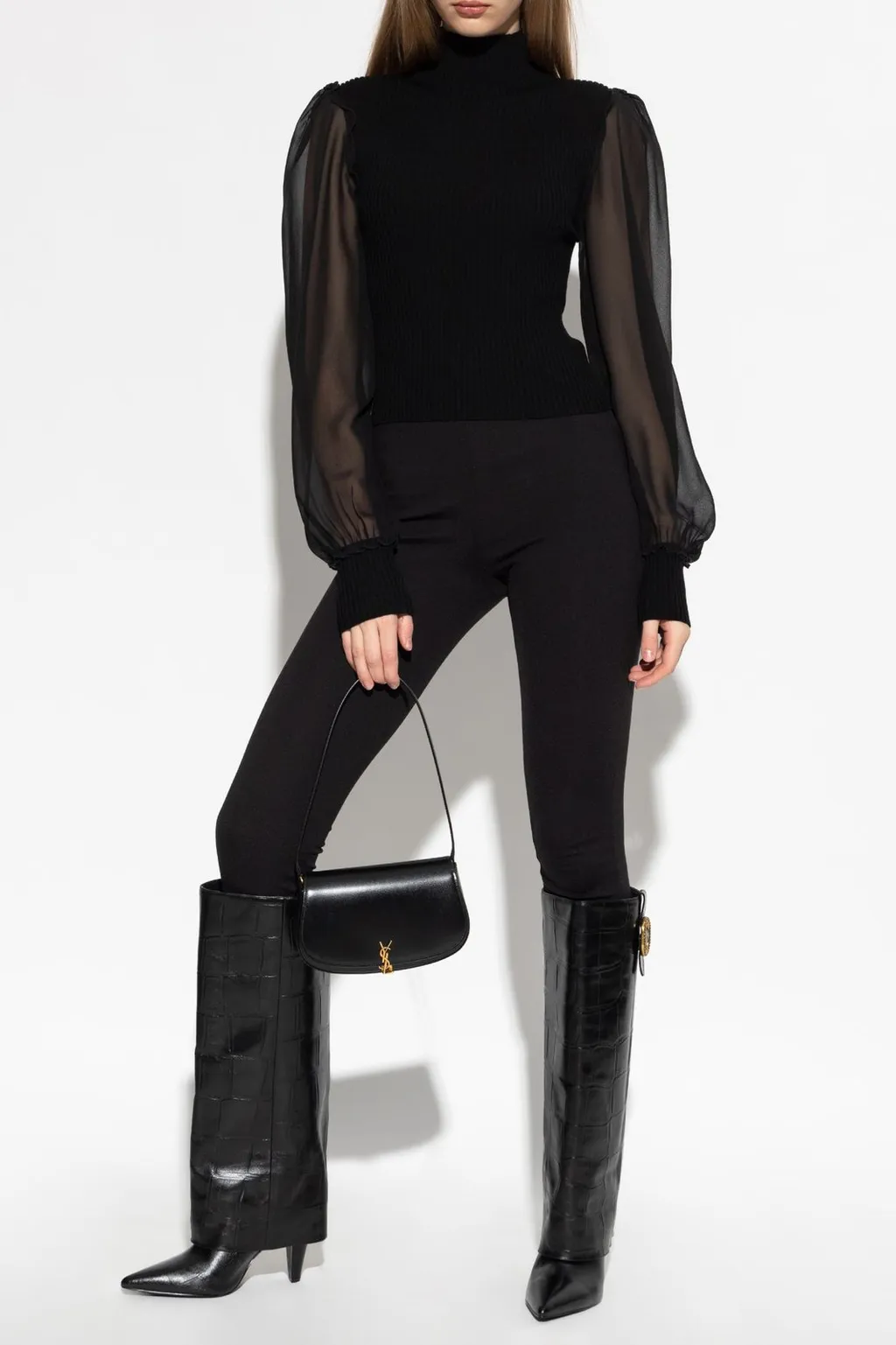 Ribbed Turtleneck Top With Sheer Sleeves