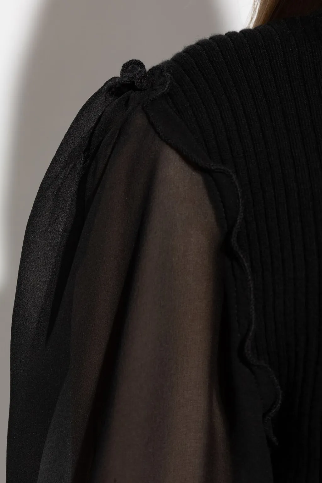 Ribbed Turtleneck Top With Sheer Sleeves
