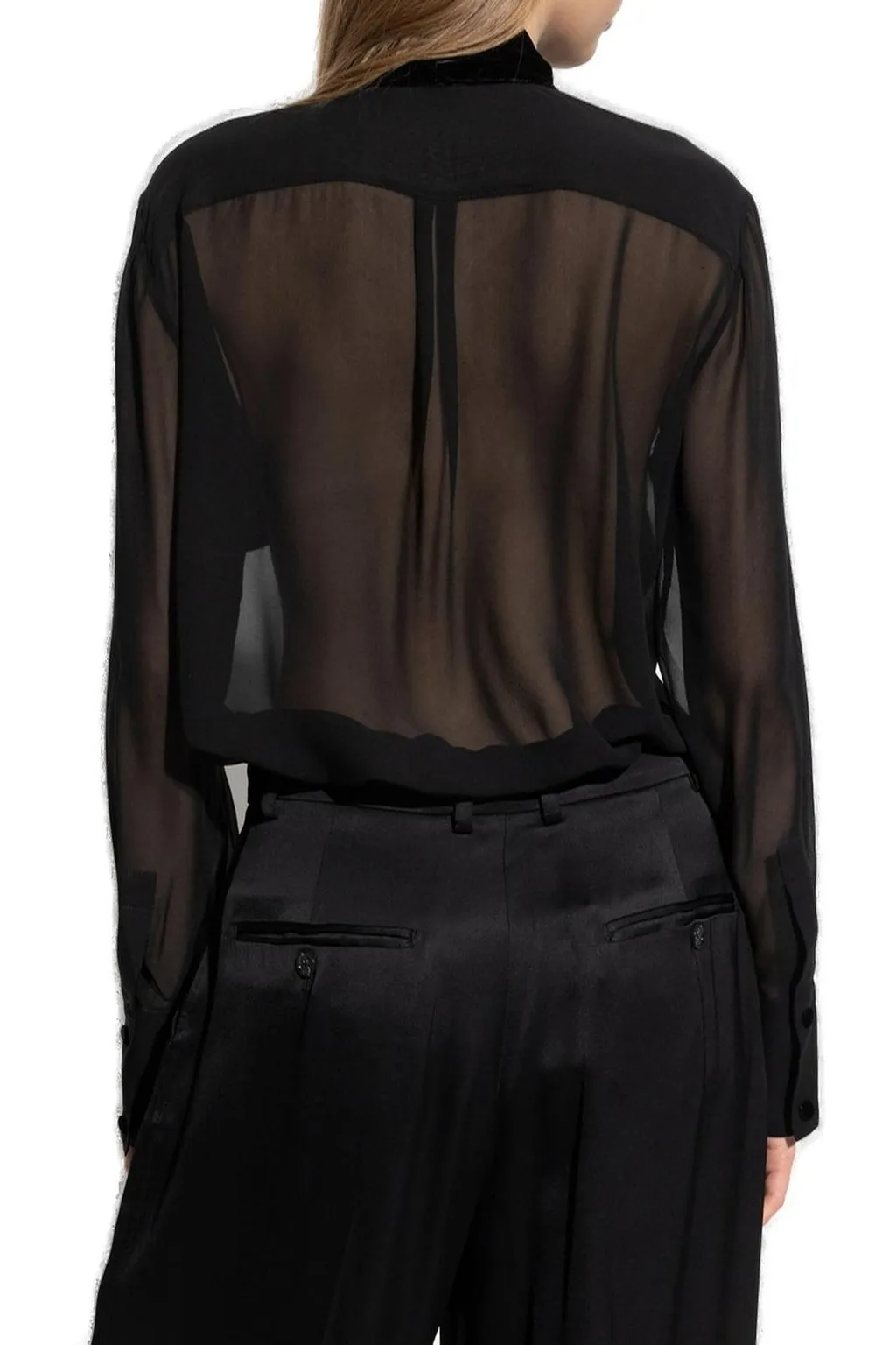 Sheer Silk Blouse With Velvet Trim