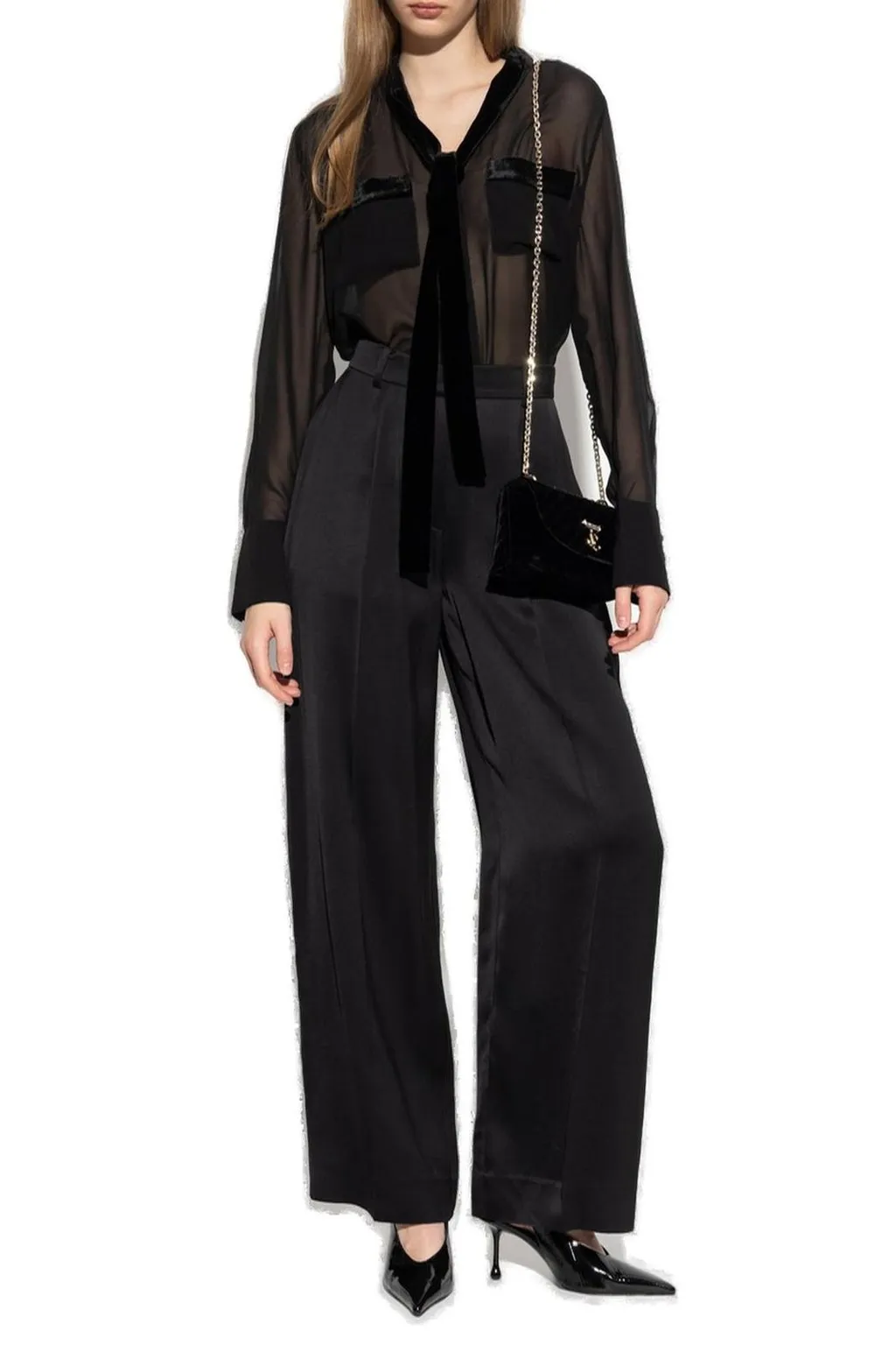 Sheer Silk Blouse With Velvet Trim