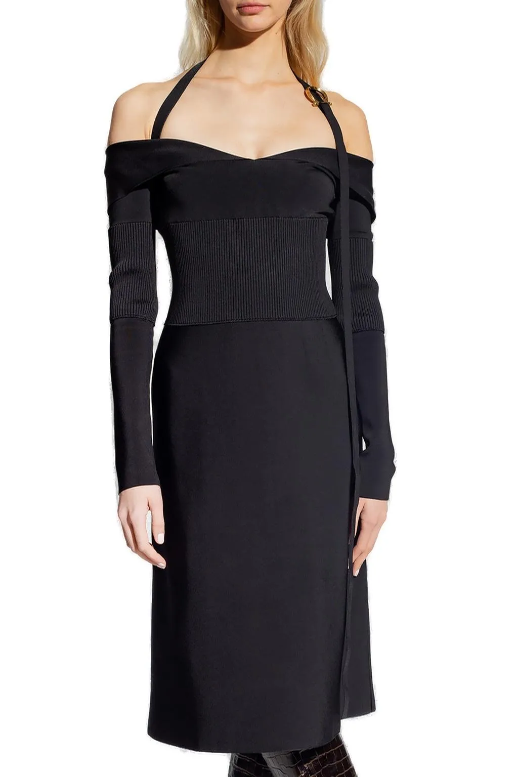 Off-The-Shoulder Midi Dress With Halterneck