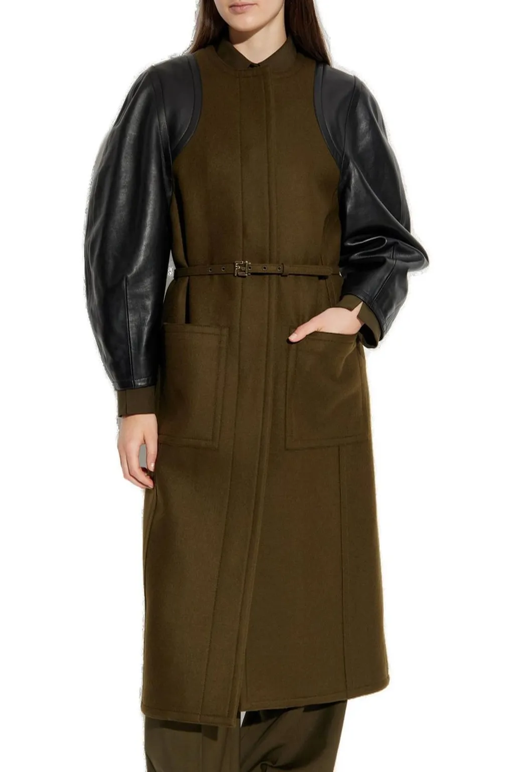 Wool Blend Coat With Faux Leather Sleeves