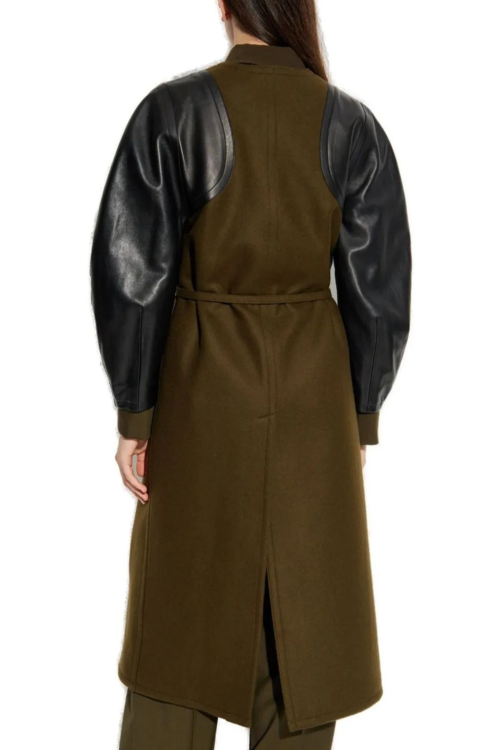 Wool Blend Coat With Faux Leather Sleeves