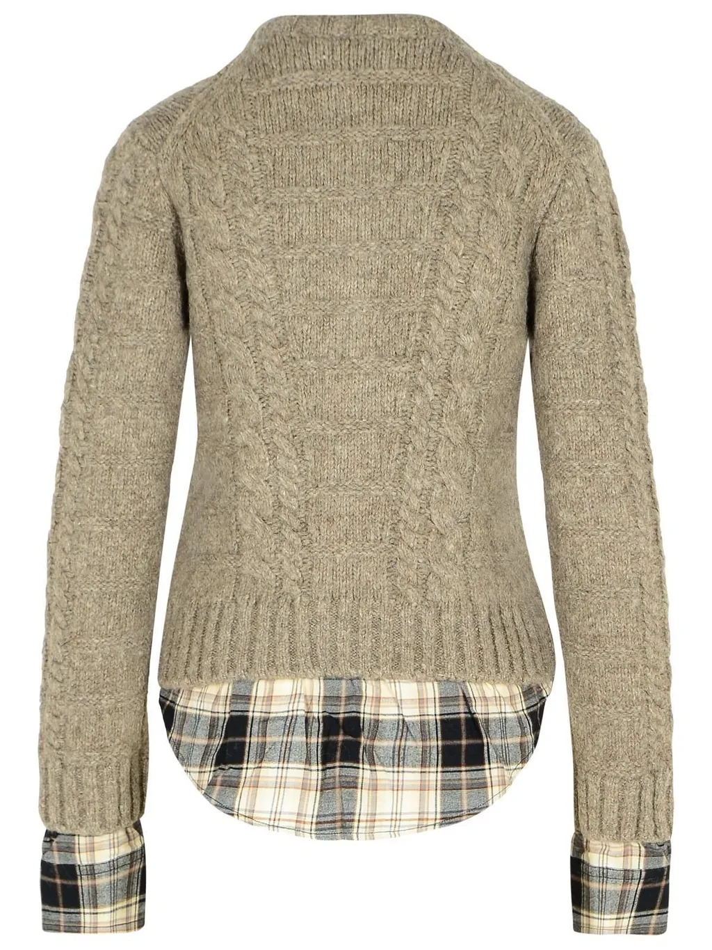 Cable Knit Cardigan With Plaid Shirt Underlayer