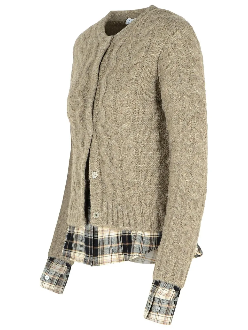 Cable Knit Cardigan With Plaid Shirt Underlayer