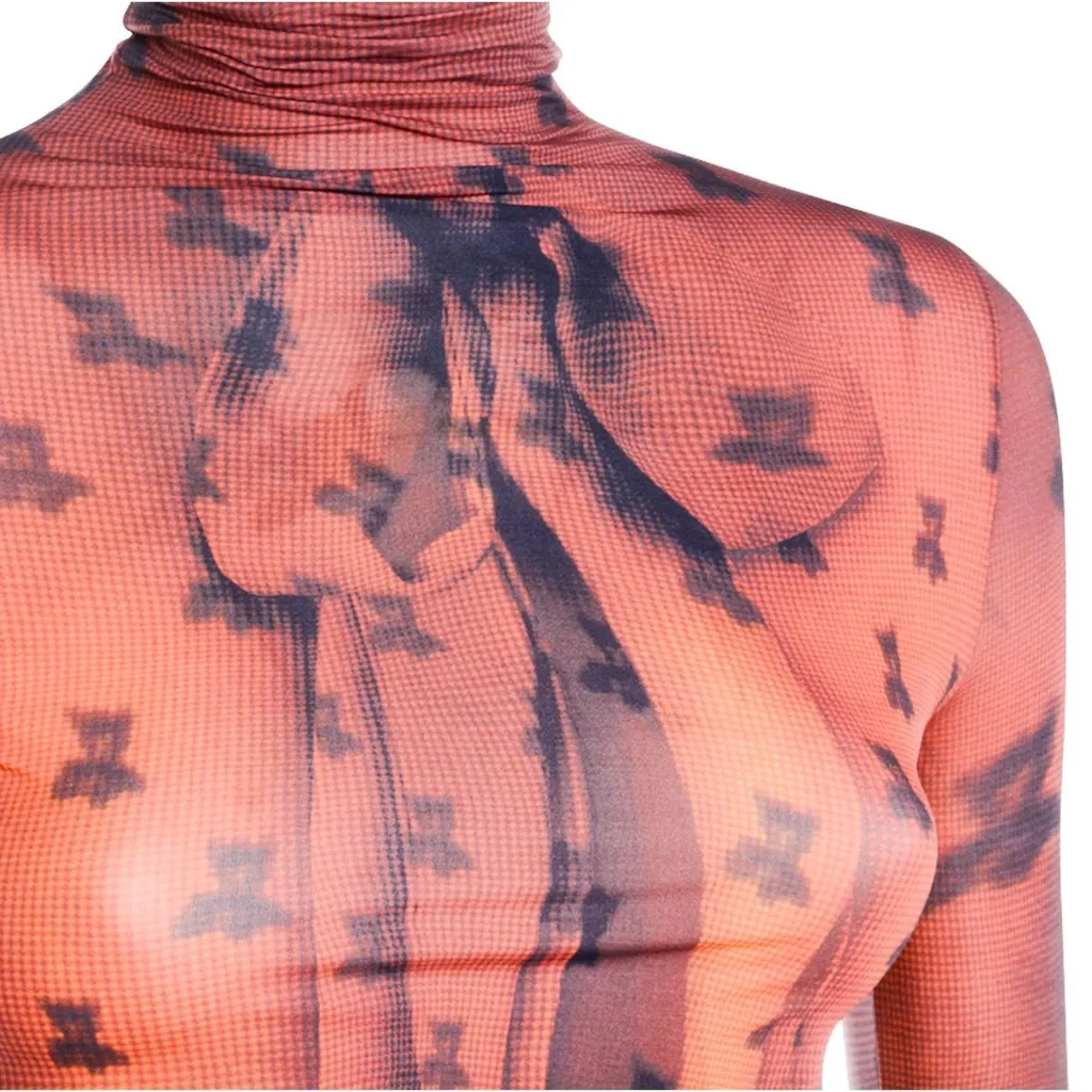 Mesh Turtleneck Top With Bow Detail