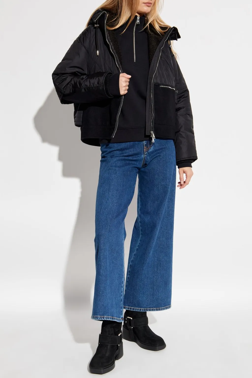 Quilted Bomber Jacket With Wool Blend Panels