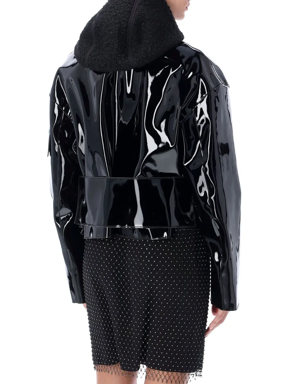 Patent Leather Cropped Jacket With Fur Collar