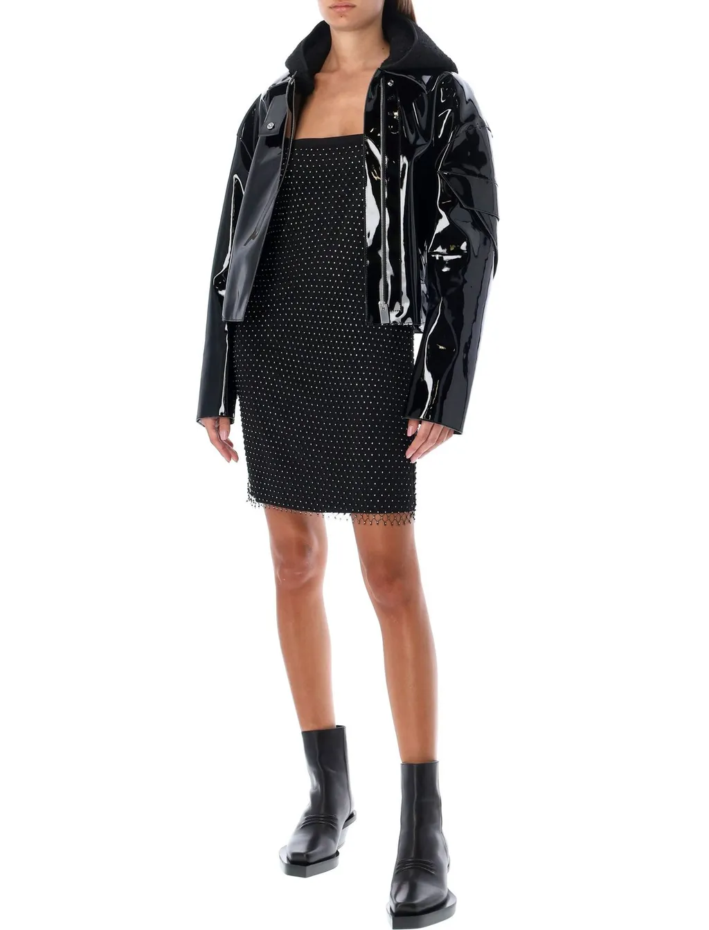 Patent Leather Cropped Jacket With Fur Collar
