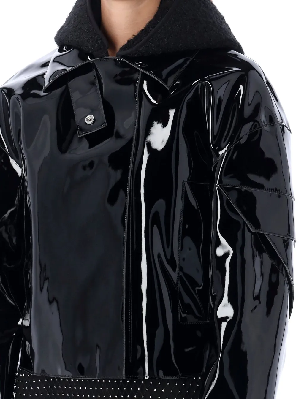 Patent Leather Cropped Jacket With Fur Collar