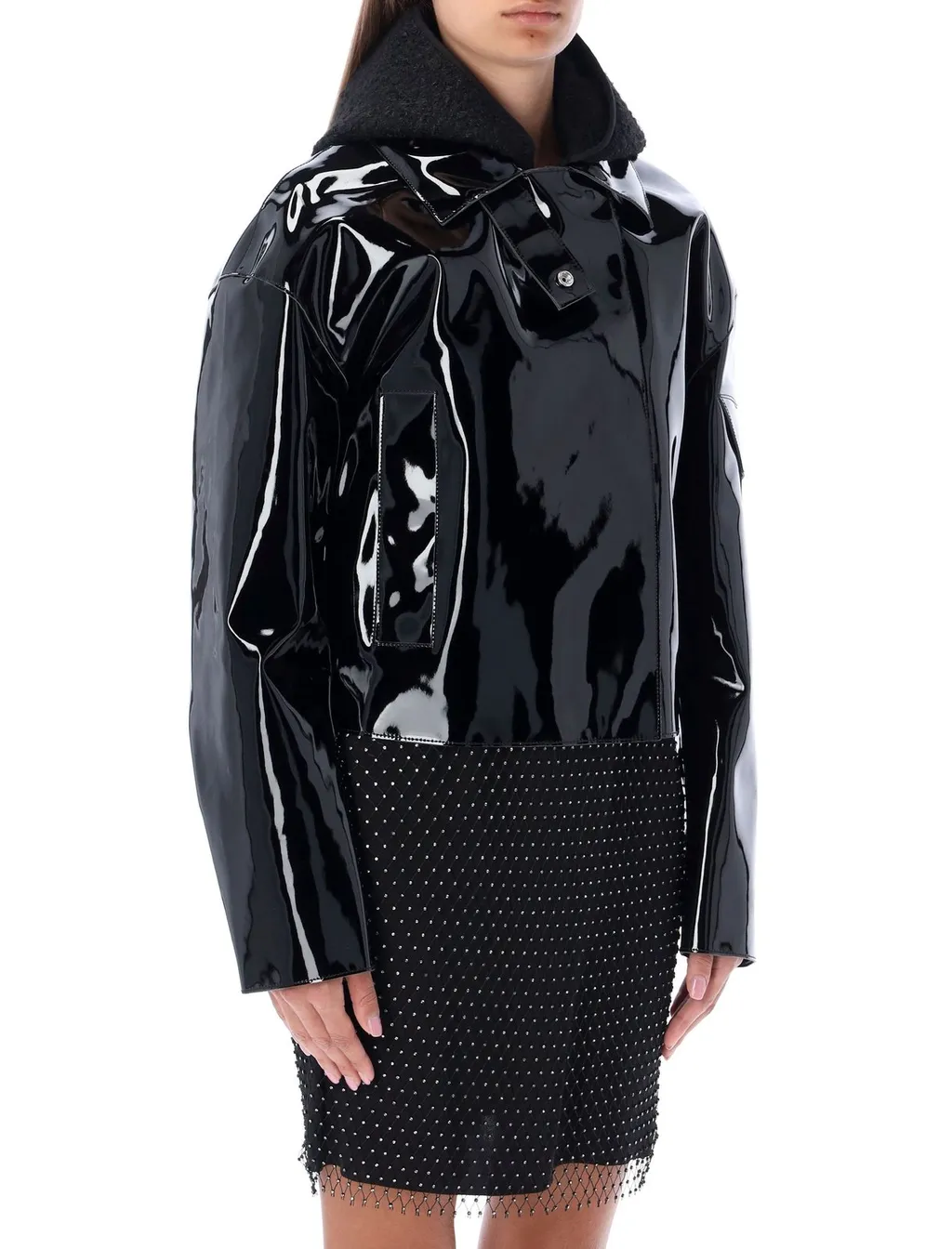 Patent Leather Cropped Jacket With Fur Collar