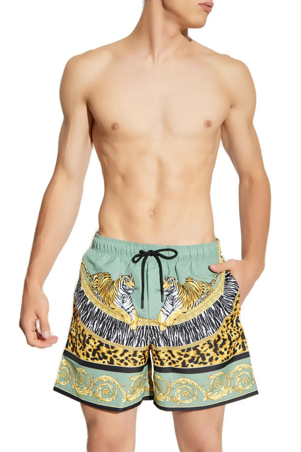 Swim Shorts With Tiger And Barocco Print