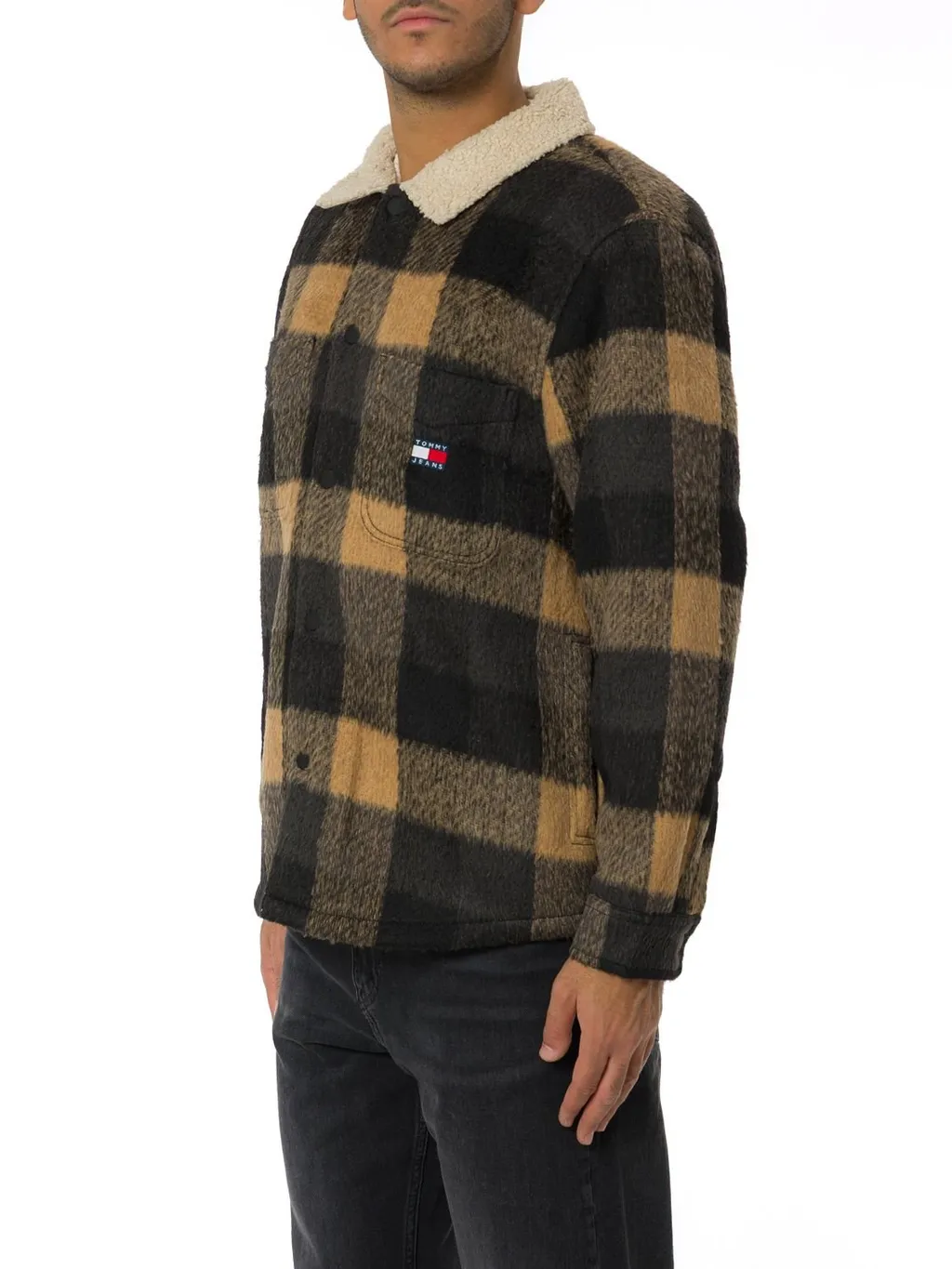 Oversized Plaid Shirt Jacket With Sherpa Collar