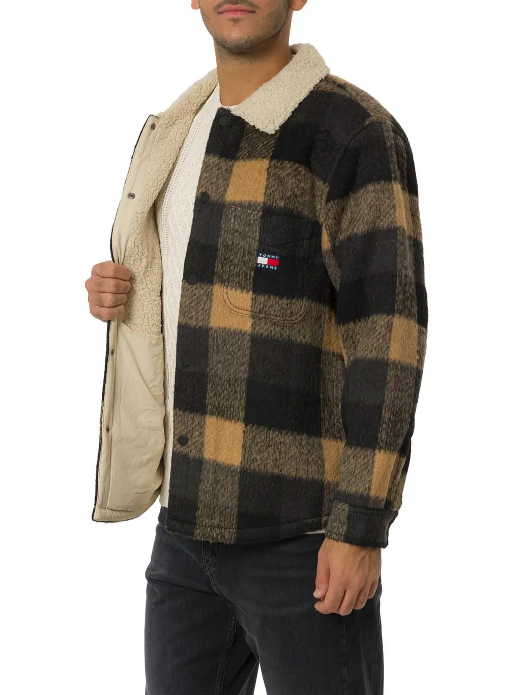 Oversized Plaid Shirt Jacket With Sherpa Collar