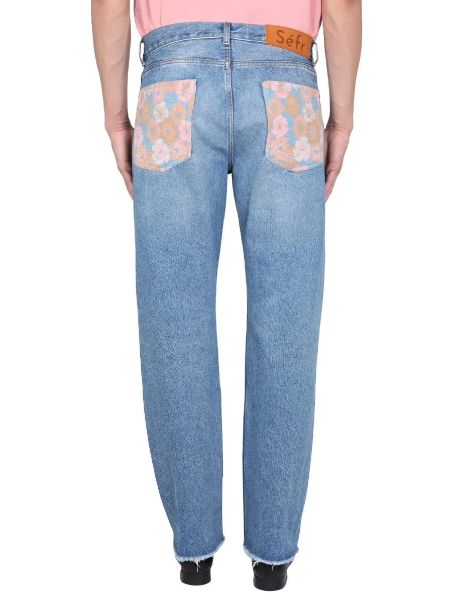Straight Leg Jeans With Floral Pocket Detail