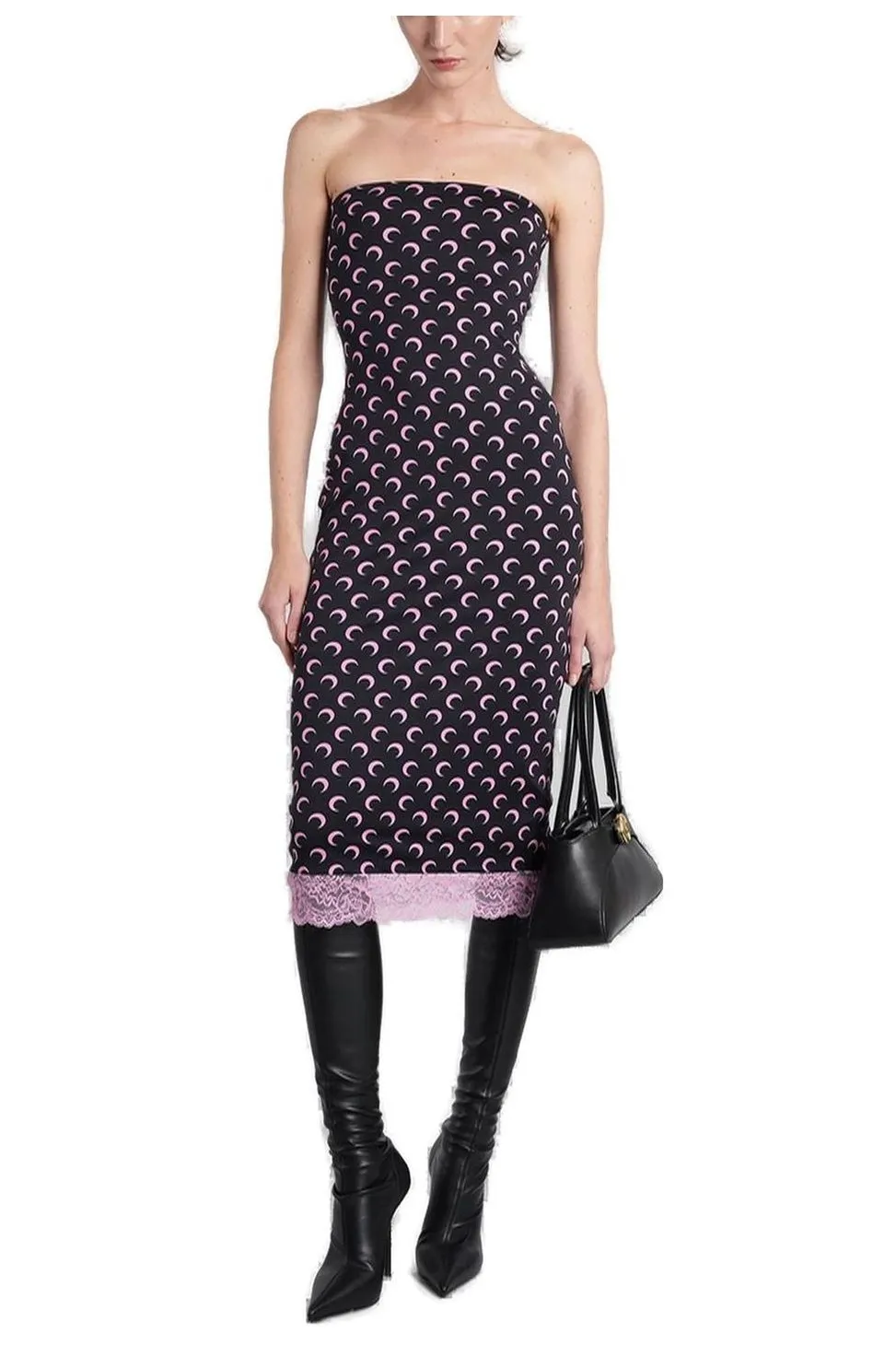 Strapless Dress With Moon Print And Lace Trim
