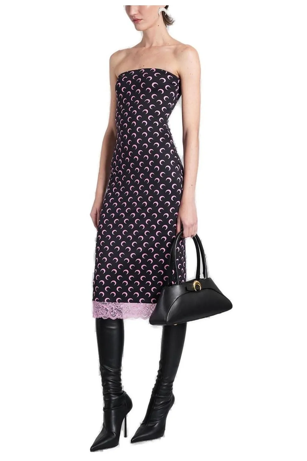 Strapless Dress With Moon Print And Lace Trim