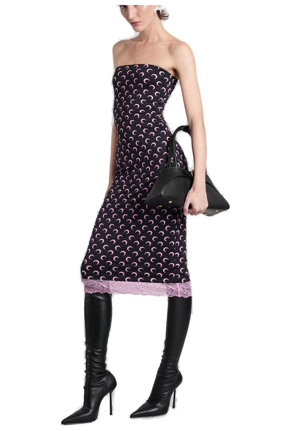Strapless Dress With Moon Print And Lace Trim