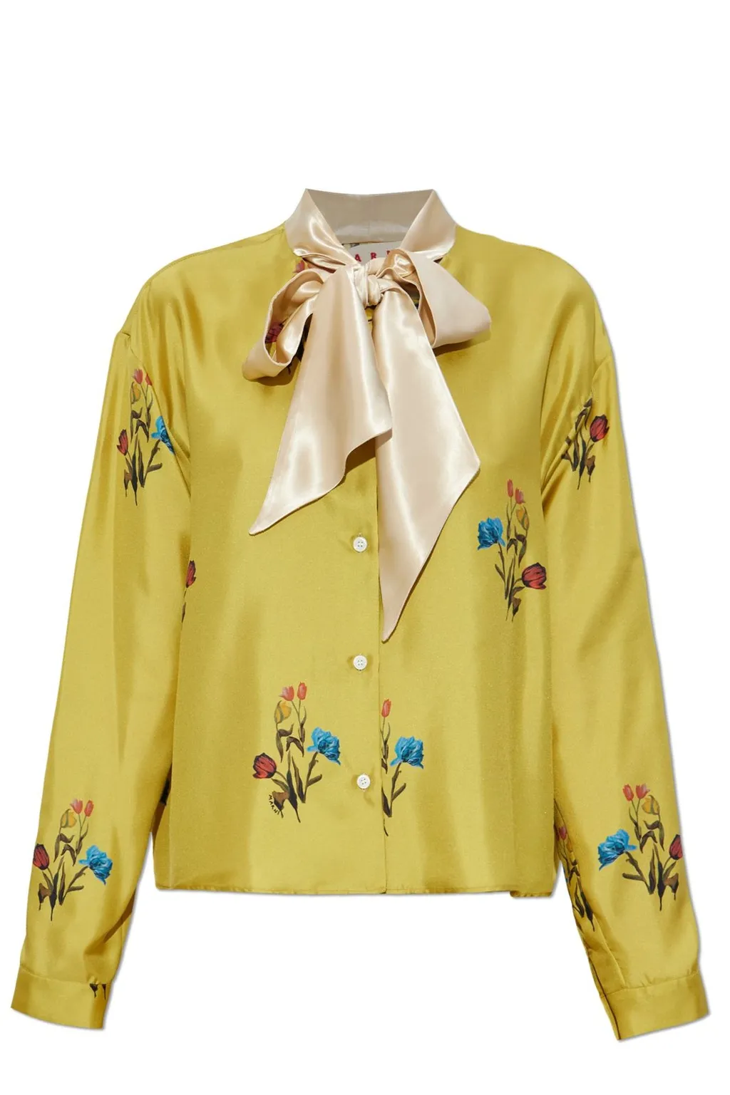 Floral Print Silk Shirt With Bow