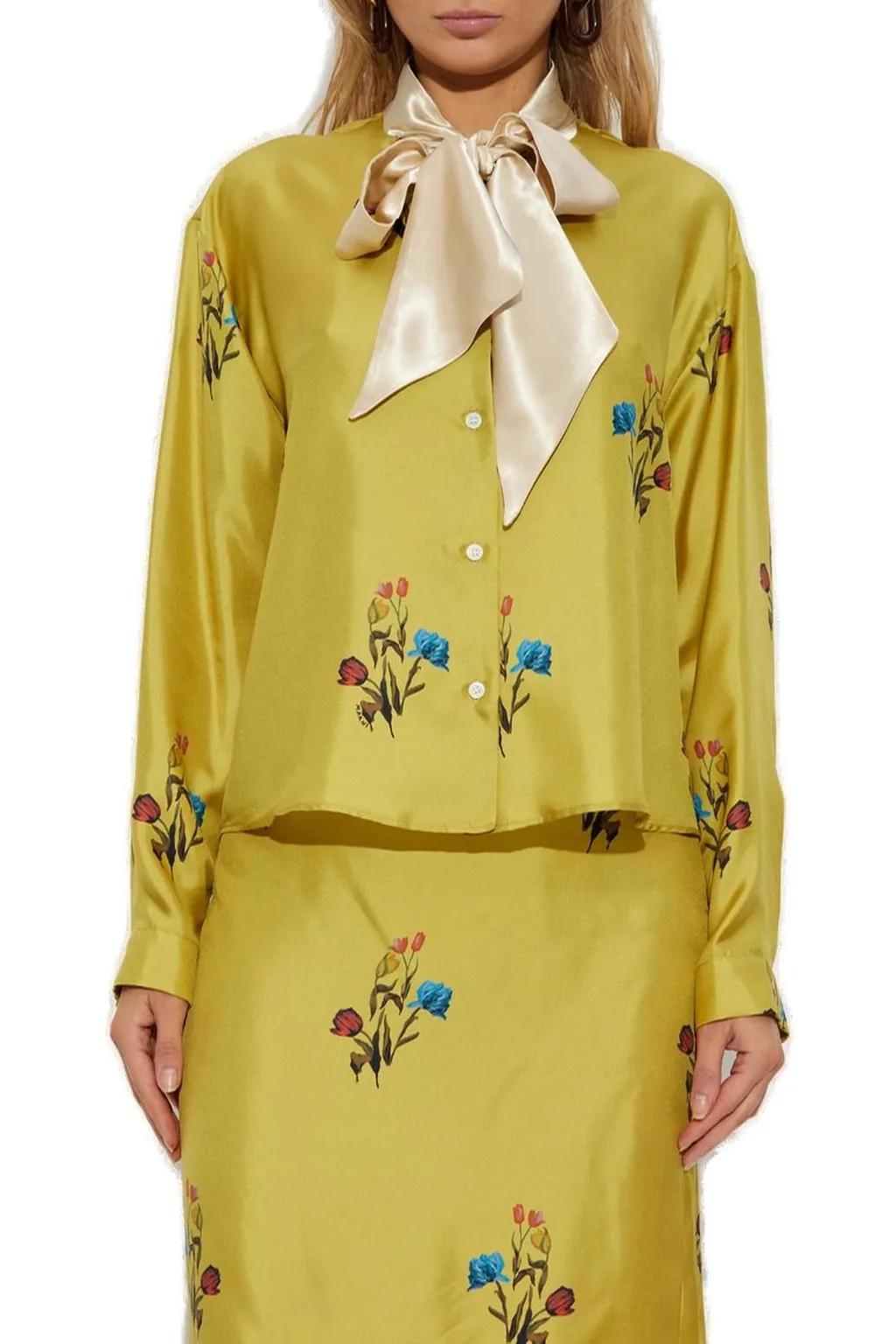 Floral Print Silk Shirt With Bow