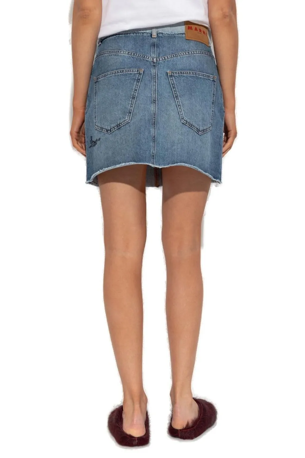 Denim Skirt With Rose Embroidery