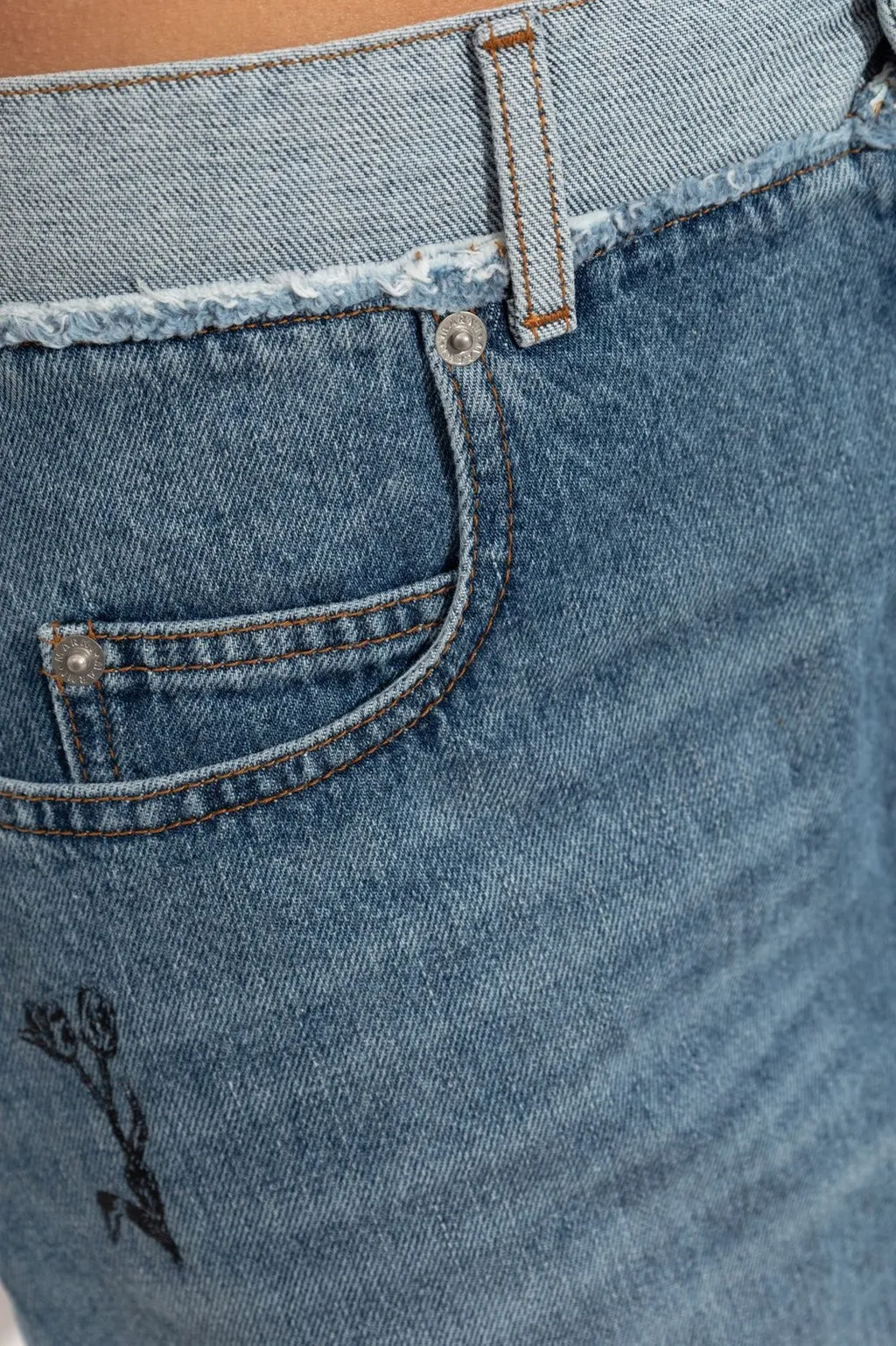 Denim Skirt With Rose Embroidery